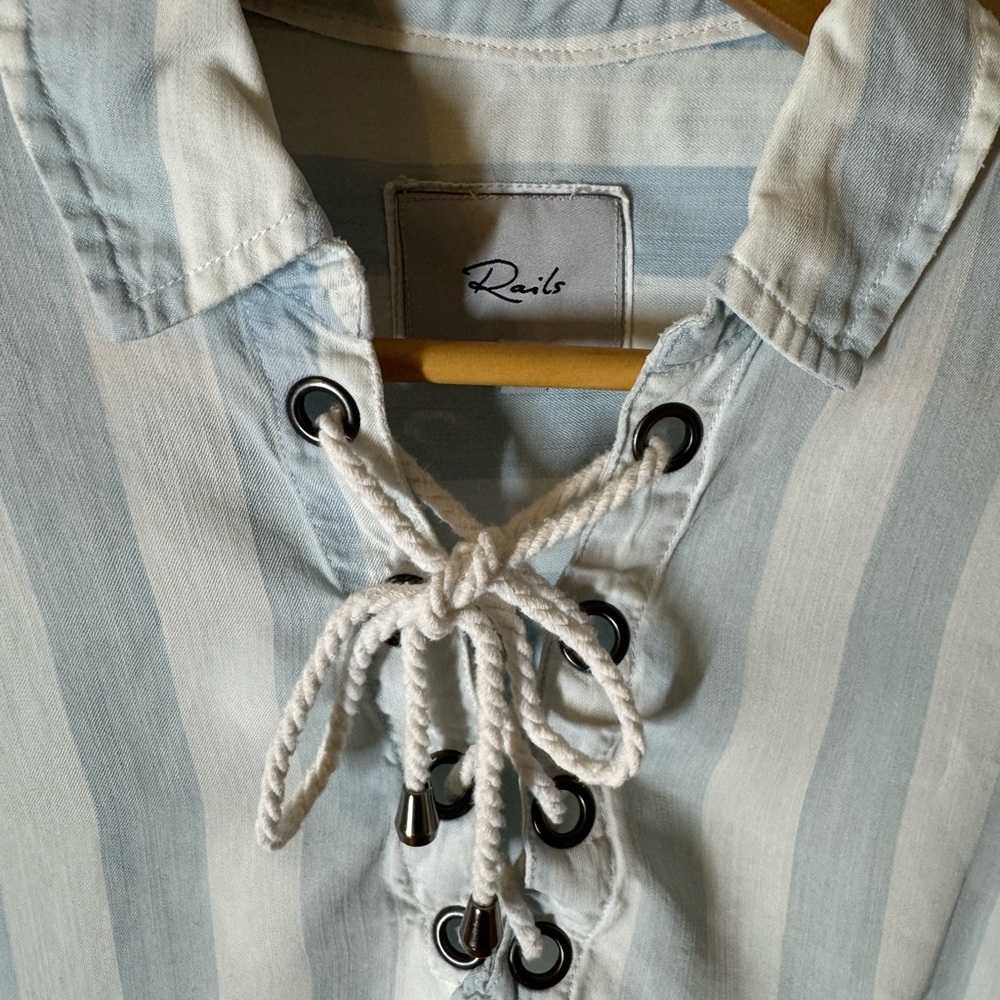 Rails Uni Light Blue and White Striped Lace-Up Blouse XS - Picture 4 of 9
